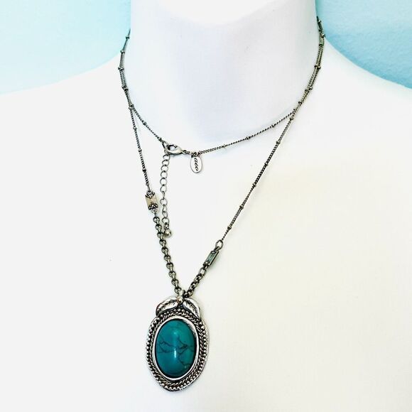 AEO Silver Textured Leaf Framed Faux Turquoise Southwestern Necklace 32" 1172 - Picture 3 of 8